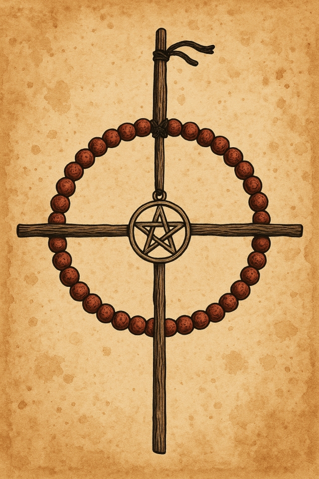 Ebereschen-Artefakt mit Schutzkreis aus roten Beeren und Pentagramm