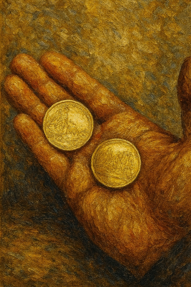 Goldene Externsteine-Münzen in der Hand