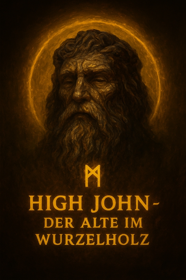 Runenkarte: High John – Der Alte im Wurzelholz (Mannaz ᛗ, goldener Glow)