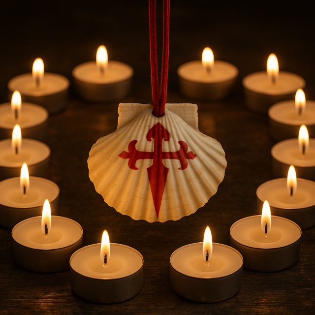 Jakobsmuschel mit rotem Santiago-Kreuz