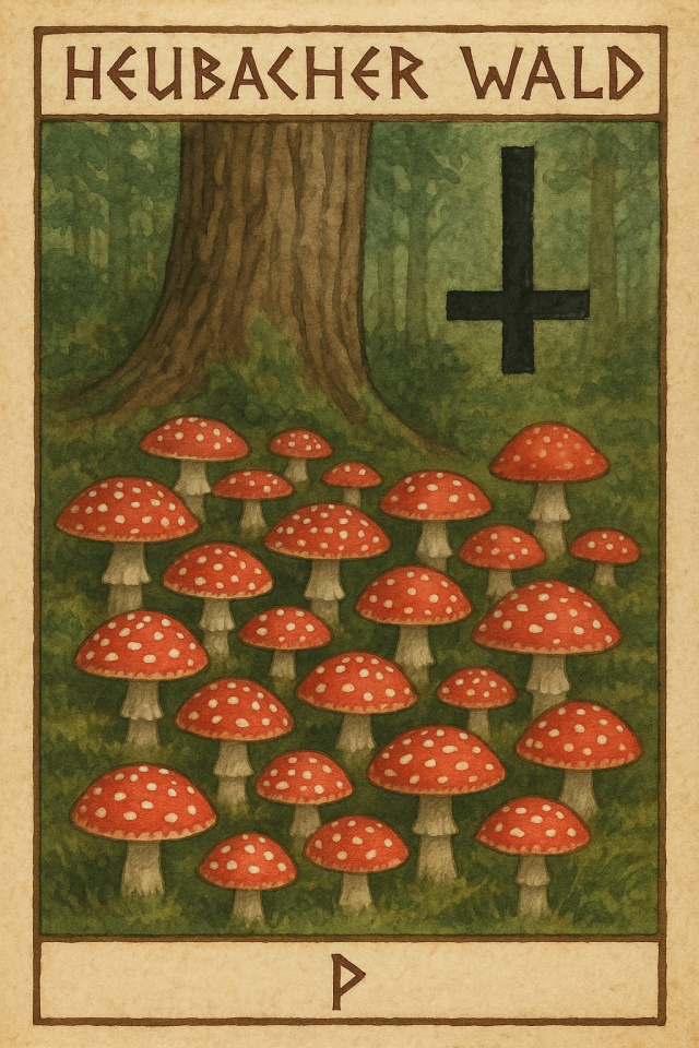 Runenkarte: Heubacher Wald mit 28 Fliegenpilzen vor einer Eiche; seitlich ein verkehrt aufgehängtes Kreuz als Fremdzeichen.