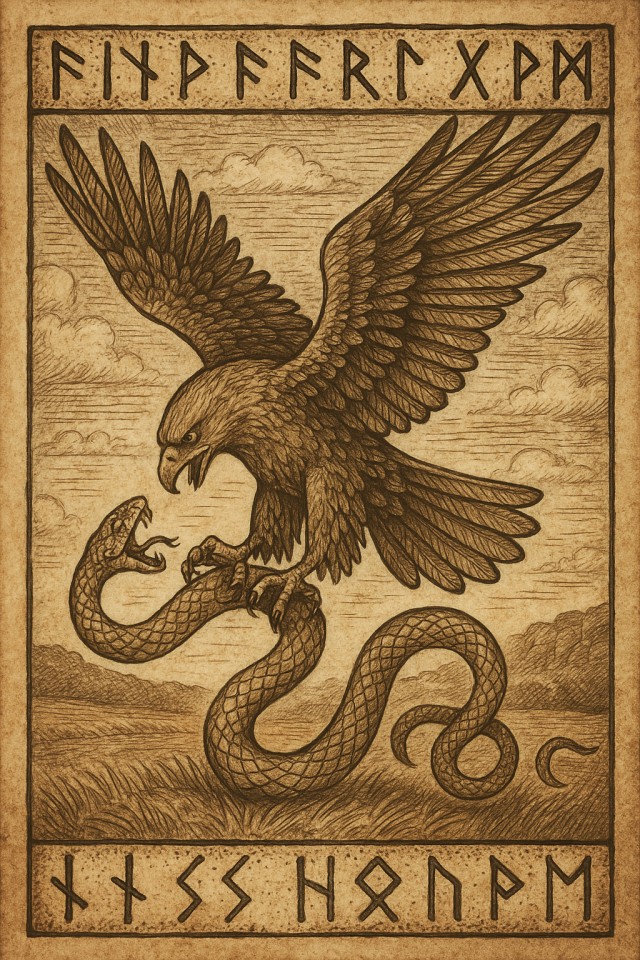 Runenkarte Bussard mit Schlange